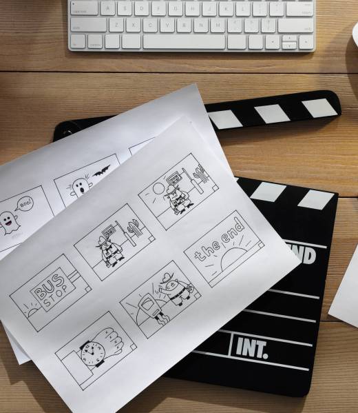 Storyboards with cartoon sketches at workplace, flat lay. Pre-production process